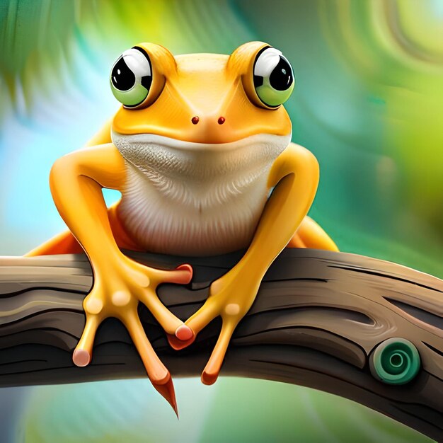 Ein Frosch auf einem Ast mit einem grünen Blatt darauf.