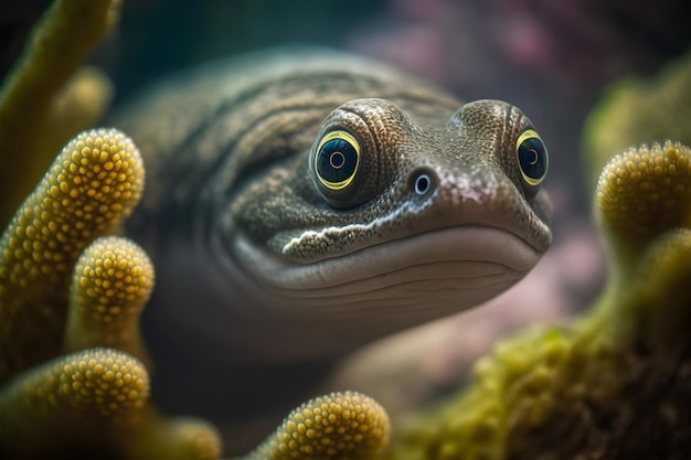 Ein Frosch in einem Aquarium mit grünem Hintergrund