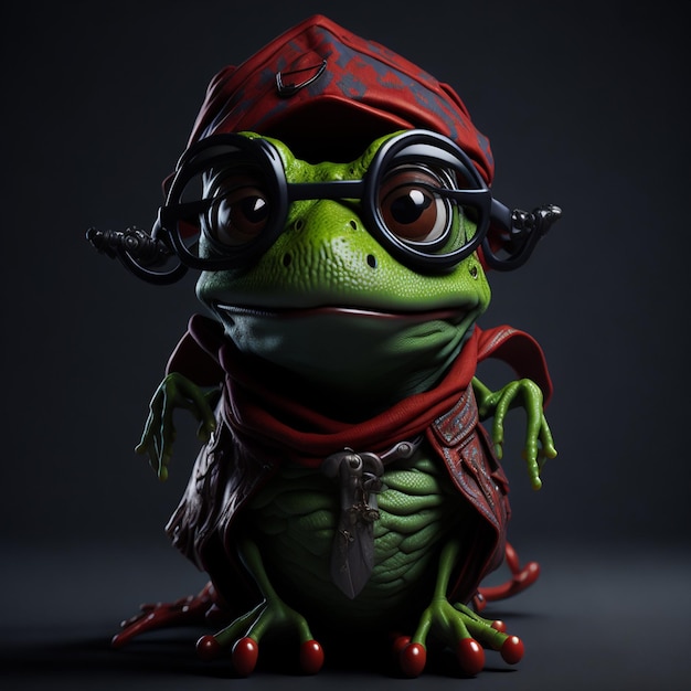 Ein Frosch mit Brille und Hut, dazu ein roter Schal und eine Brille.