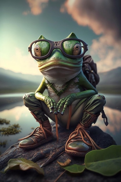 Ein Frosch mit Brille und Rucksack sitzt auf einem Felsen vor einem See.