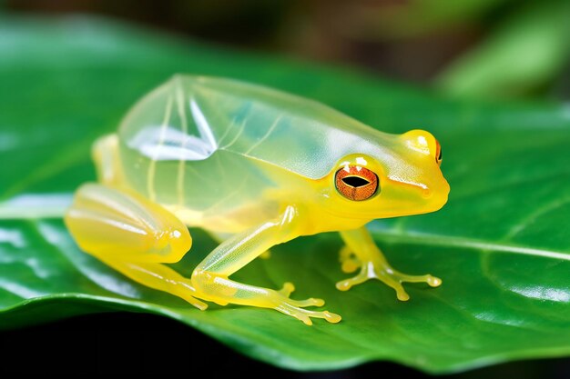 ein Frosch mit einem gelben Auge sitzt auf einem Blatt.