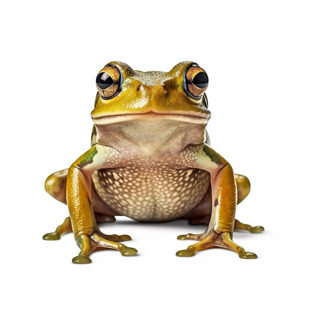 Ein Frosch mit einem großen, runden, braunen Schwanz sitzt auf weißem Hintergrund.