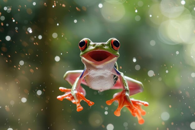 Ein Frosch mit einem humorvollen Ausdruck mitten im Sprung