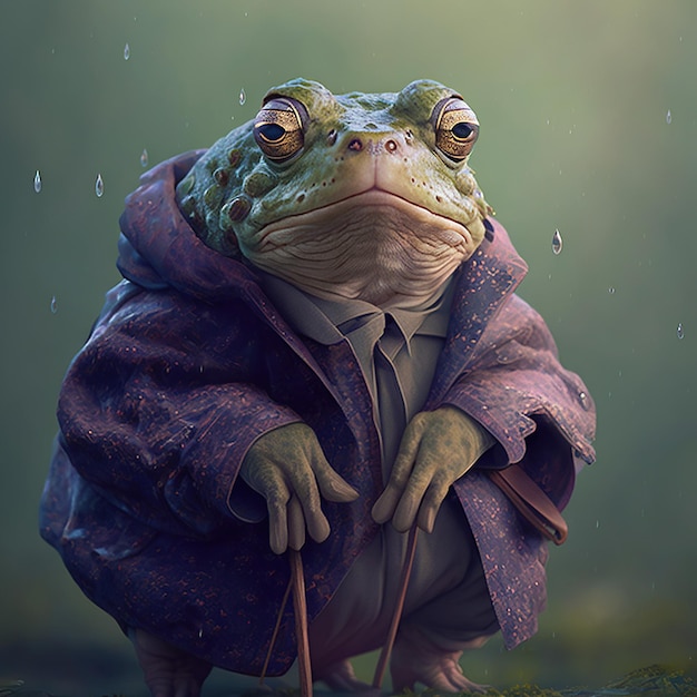 Ein Frosch mit einem Mantel, auf dem das Wort „Frosch“ steht