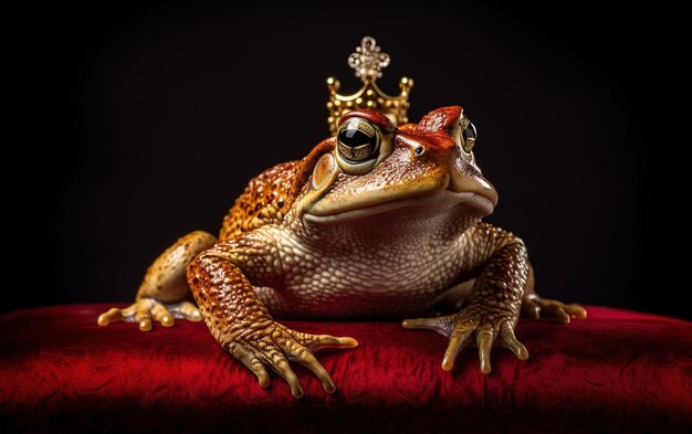 ein Frosch mit einer Krone auf dem Kopf sitzt auf einer roten Oberfläche