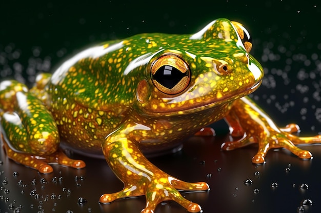 Ein Frosch mit gelben und grünen Flecken sitzt auf einer nassen Oberfläche.
