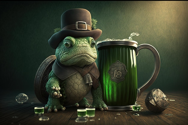 Ein Frosch mit grünem Hut und einem Glas Bier