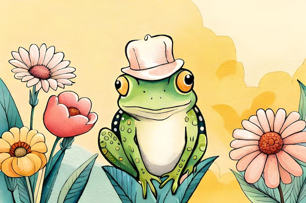 Ein Frosch mit Hut sitzt auf einem Blumenbeet.