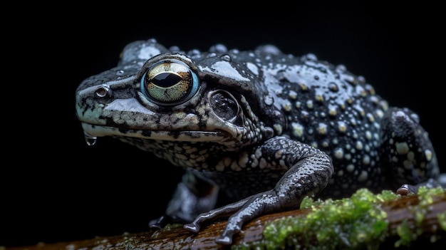 Ein Frosch sitzt auf einem Ast mit schwarzem Hintergrund.