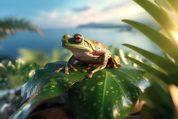 Ein Frosch sitzt auf einem Blatt vor einem See