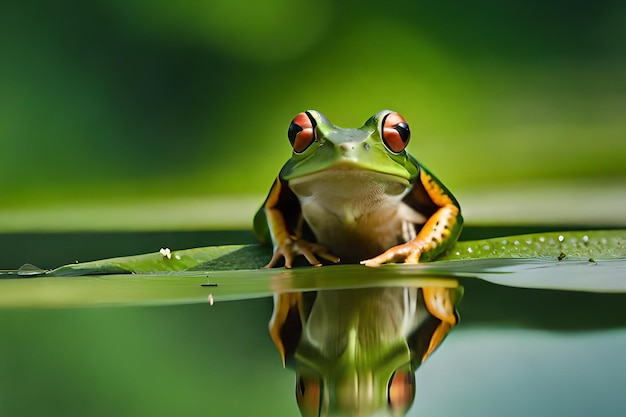 Ein Frosch sitzt auf einem Blatt vor grünem Hintergrund.