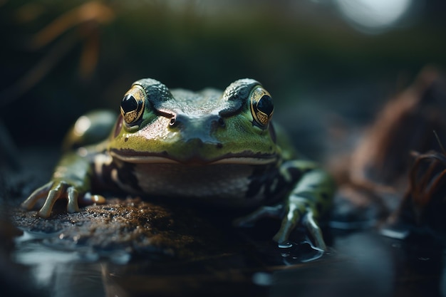 Ein Frosch sitzt auf einem Felsen in einem Teich.