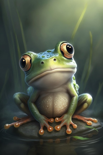 Ein Frosch sitzt auf einem Felsen vor dunklem Hintergrund.