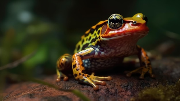 Ein Frosch sitzt auf einem Felsen vor dunklem Hintergrund.