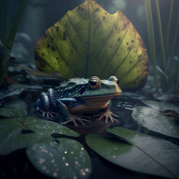 Ein Frosch sitzt mitten in einem Teich mit einem Blatt, auf dem das Wort „Frosch“ steht.