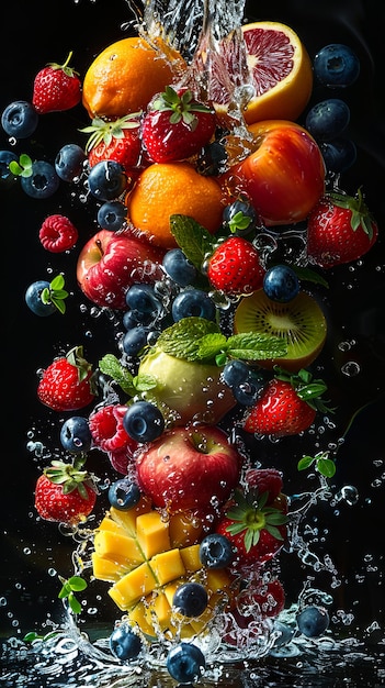 Foto ein fruchtsalat wird mit wasser besprüht