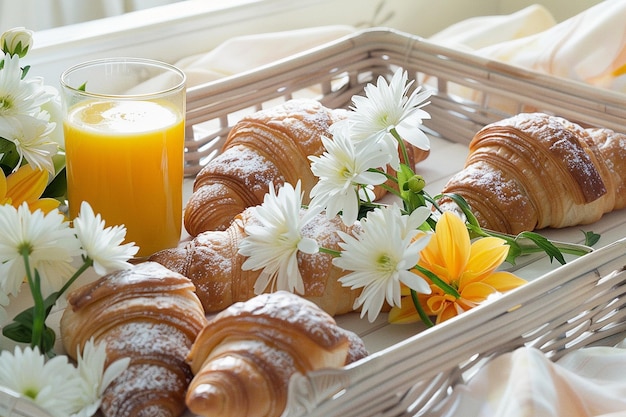 Foto ein frühstück auf dem bett mit mango-saft, croissants und blumen