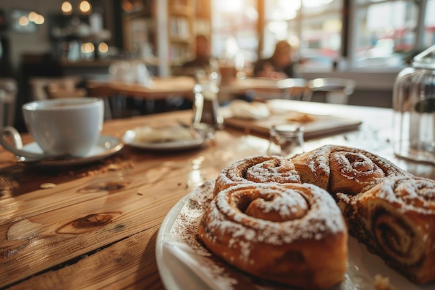 Foto ein frühstücks-tisch mit drei zimt-rollen, eine tasse kaffee aus der bäckerei im hintergrund, tageslicht, nahaufnahme.
