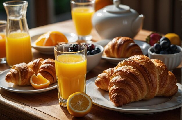 Foto ein frühstücks-tisch mit orangensaftcr
