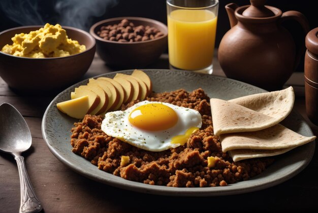 Ein Frühstücksgericht aus zerrissenen Injera-Stücken, die mit geklärter Butter geröstet werden
