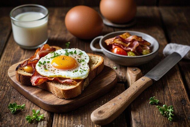 ein Frühstückssandwich mit Eiern, Speck und Eiern auf einem Holztisch