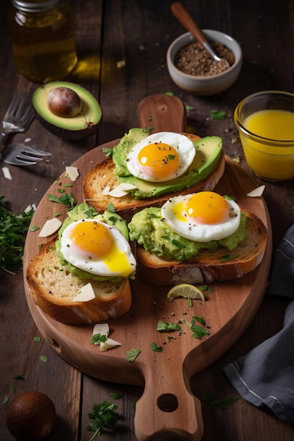 Ein Frühstücksteller mit Eiern und Avocado darauf