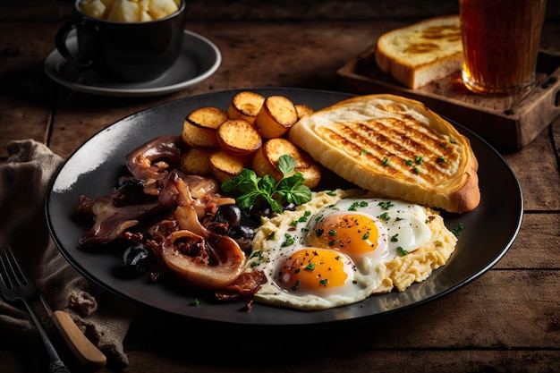 Ein Frühstücksteller mit Toast, Eiern, Speck und Toast