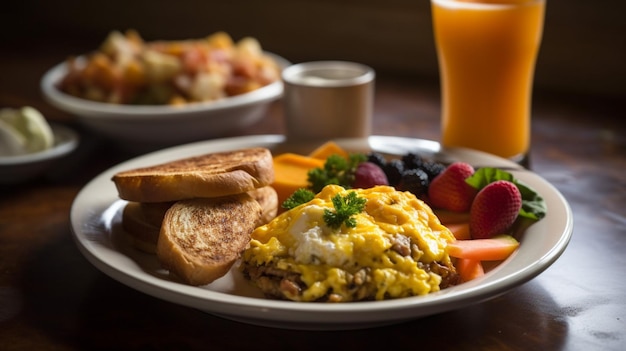 Ein Frühstücksteller mit Toast und Obst