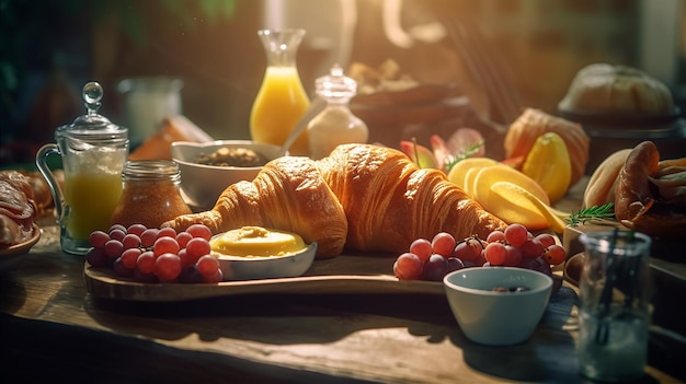 Ein Frühstückstisch mit Croissant, Obst und Säften.