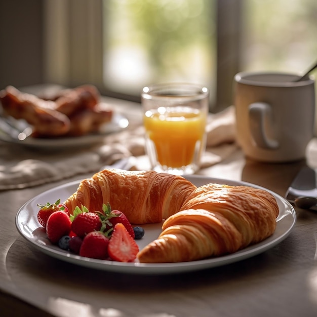 Ein Frühstückstisch mit einem Croissant und einem Glas Orangensaft.