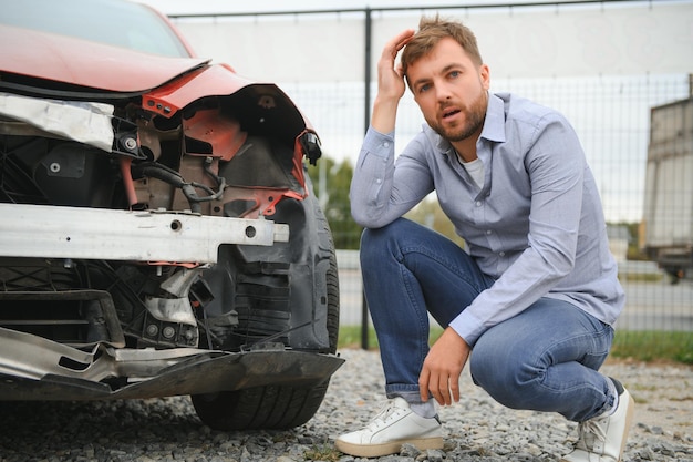 Foto ein frustrierter mann in der nähe eines kaputten autos griff an meinen kopf und erkannte, dass der schaden so groß ist, dass das auto nicht mehr repariert werden kann.