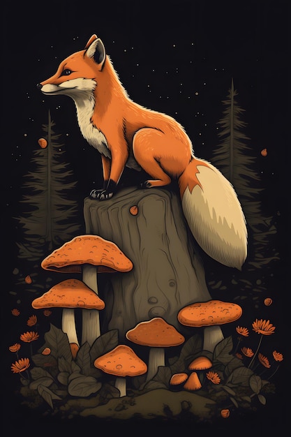 Ein Fuchs auf einem Baumstumpf mit Pilzen darauf