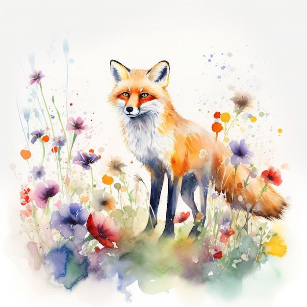 Ein Fuchs auf einem Blumenfeld Aquarell Malerei schöne natürliche Formen scharfe saubere Formen farbenfrohen weißen Hintergrund erzeugen ai