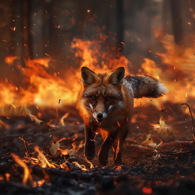 Ein Fuchs, der einem Waldbrand entkommt