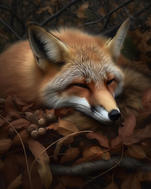 Ein Fuchs, der im Wald schläft