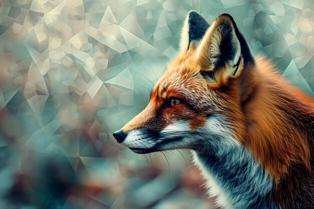 Foto ein fuchs, der in einem polygonalen geometrischen rahmen gefangen genommen wurde und in einer natürlichen umgebung fotografiert wurde, die an die natur erinnert