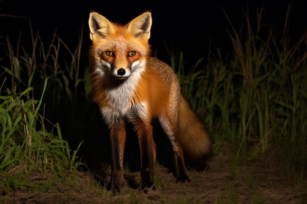 ein Fuchs, der nachts im Gras steht