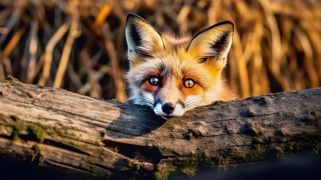 Foto ein fuchs, der über einen baumstamm schaut