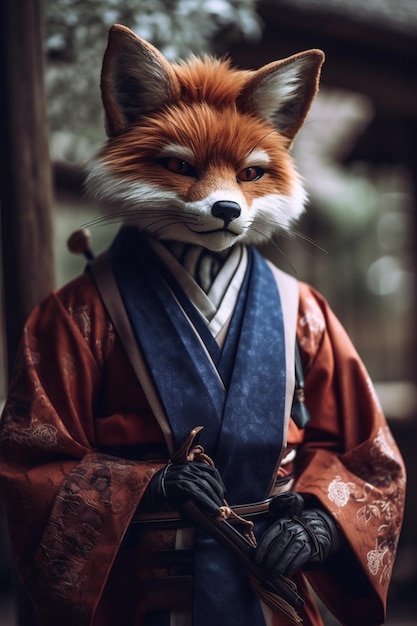 Ein Fuchs im Kimono steht vor einer Holztür.