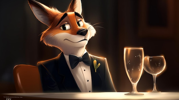 Ein Fuchs im Smoking sitzt mit einem Glas Champagner an einer Bar.