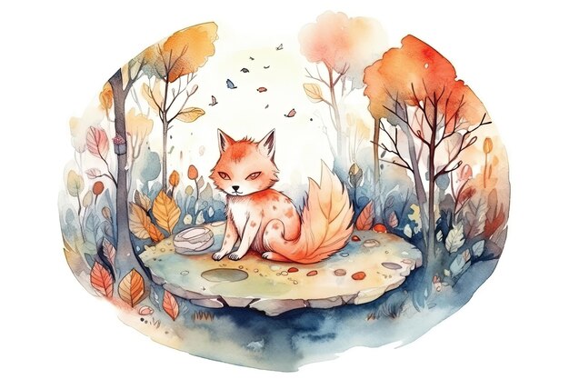 Ein Fuchs im Wald mit Herbstlaub.