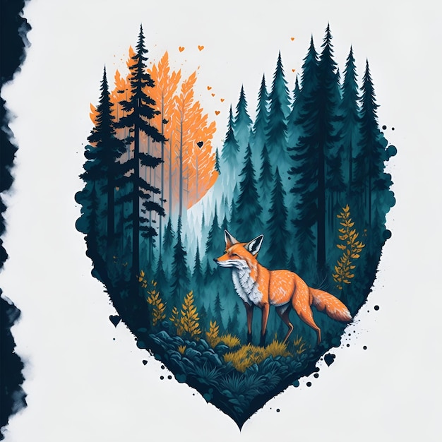 Ein Fuchs im Wald mit herzförmigem Hintergrund.