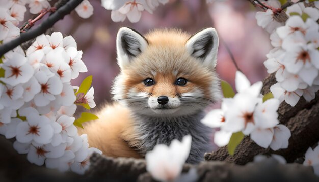 Ein Fuchs in einem Baum mit Blumen