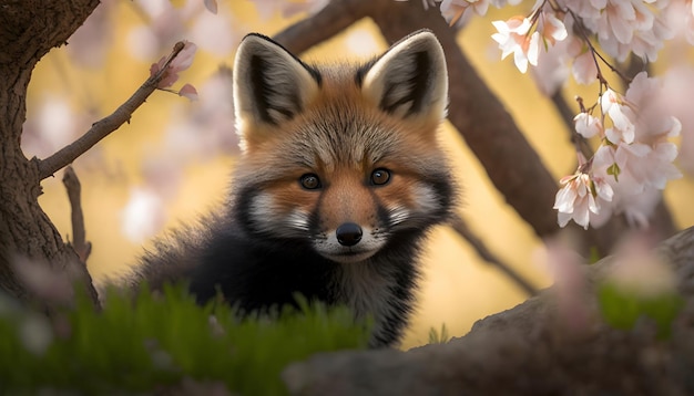 Ein Fuchs in einem Baum mit rosa Blüten