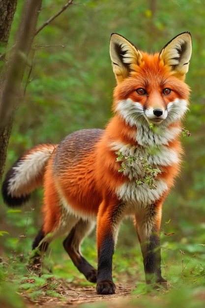 ein Fuchs mit einem grünen Stamm im Maul