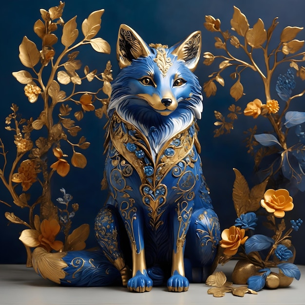 Ein Fuchs mit einem leuchtend blauen Fell, das verspielt mit skurrilen Goldmustern verziert ist
