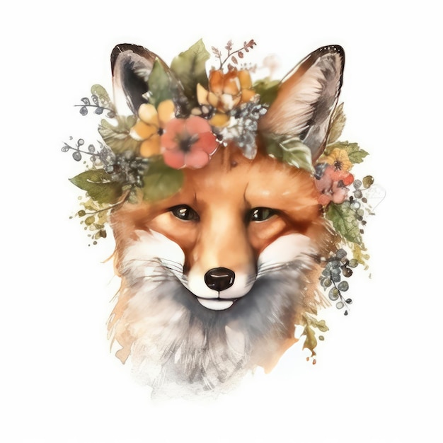 Ein Fuchs mit einer Blumenkrone auf dem Kopf