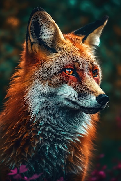 Ein Fuchs mit rotem Kopf und orangefarbenen Augen.