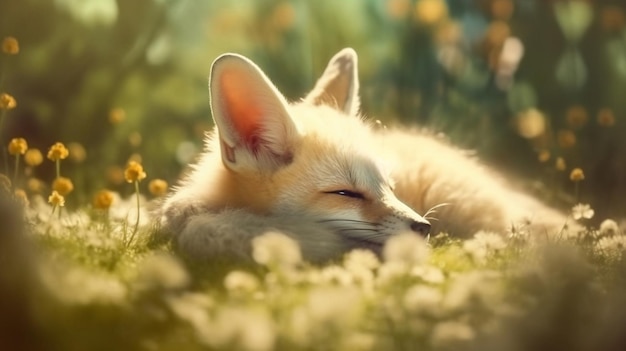 Ein Fuchs schläft in einer Blumenwiese