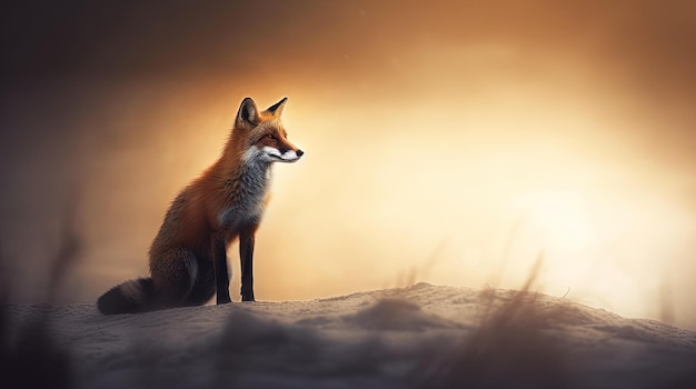 Ein Fuchs sitzt abends auf einer Sanddüne.